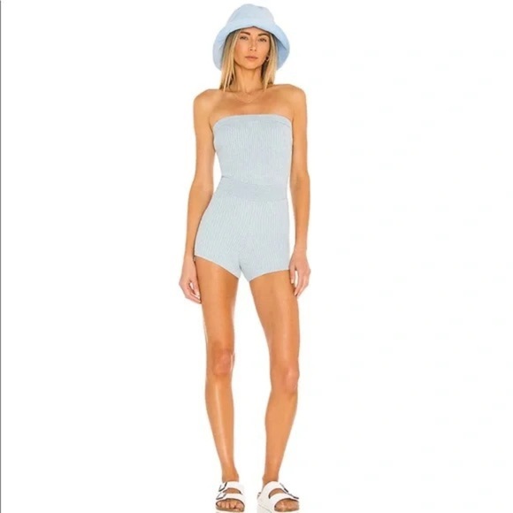 REVOLVE Lovers +Friends Sandra Baby Blue Knit Strapless Romper - Picture 1 of 5